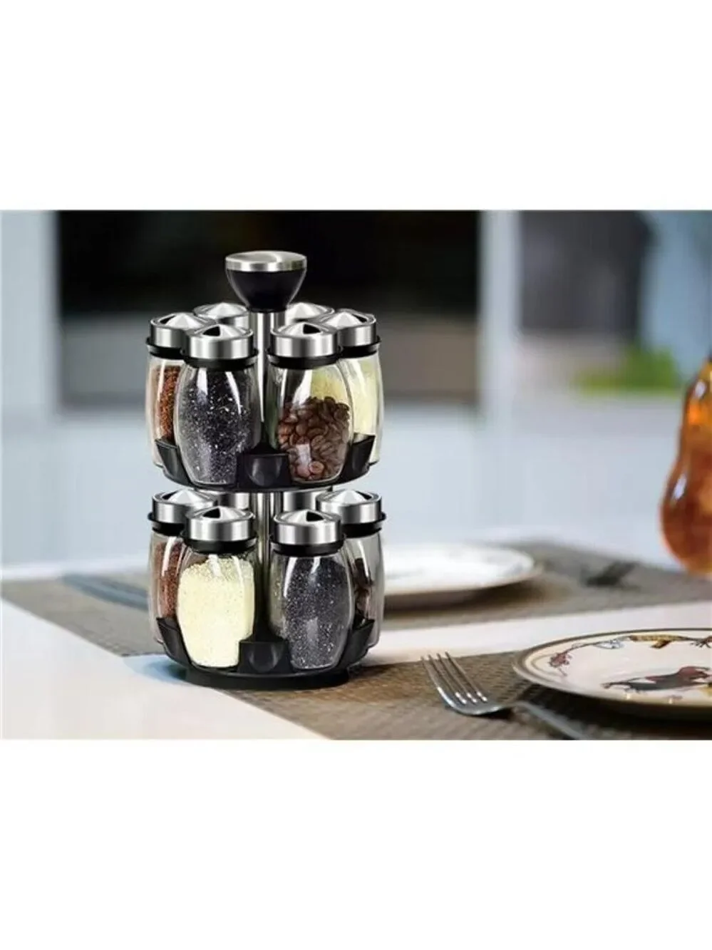 revolving spice rack organizer with 12 glass jars rotating countertop kitchen st
